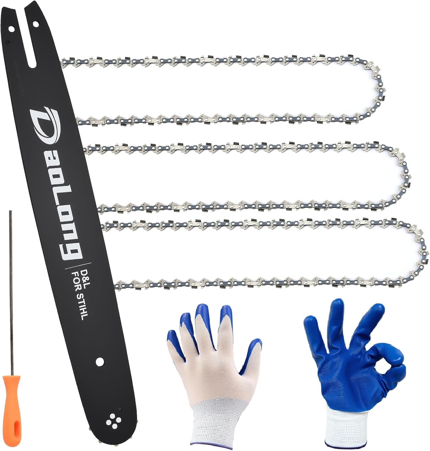 ‌16 Inch Chainsaw Bar & Chain Combo - 3/8"LP Pitch .043" Gauge 55 Drive Links Fits MS170/MS180c/Stihl MS170 Bar‌/16 Chainsaw Chain‌ - Complete Saw Chain Kit（3 Chains + 1 Bar + 1 File + 1 Gloves）