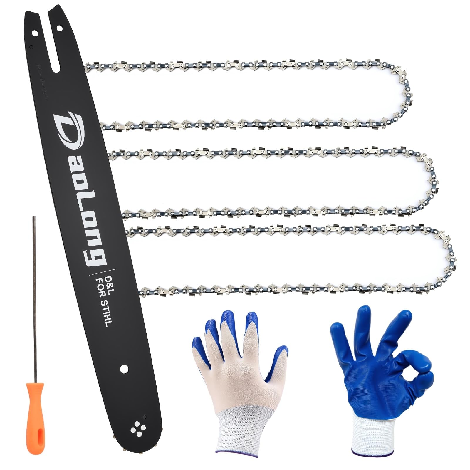 Photo 1 of ?16 Inch Chainsaw Bar & Chain Combo - 3/8"LP Pitch .043" Gauge 55 Drive Links Fits MS170/MS180c/Stihl MS170 Bar?/16 Chainsaw Chain? - Complete Saw Chain Kit?3 Chains + 1 Bar + 1 File + 1 Gloves?