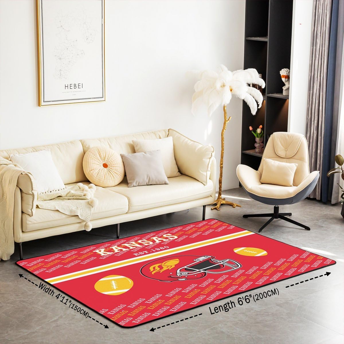Feelyou American Football Area Rug 5x7 Polyester Kansas Living Room Rugs for Bedroom Football City Gift Decor Carpet Indoor Floor Mat Soft Non-Slip