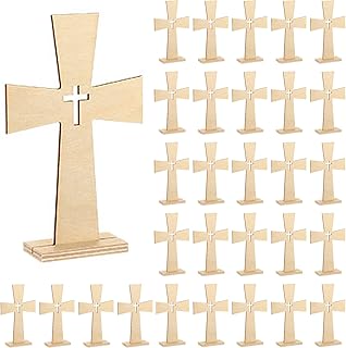 Beeveer 48 Pcs Christmas Nativity Wooden Crosses for Baptism, Unfinished Wood Crosses for Centerpieces Wood Standing Cross for Crafts Rustic Wood Cross First Communion Baptism Decorations