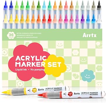 Arrtx Acrylic Markers 36 Colors,Brush Tip Acrylic Paint Markers Paint Pens Set for Rock Painting Glass Stone Wood