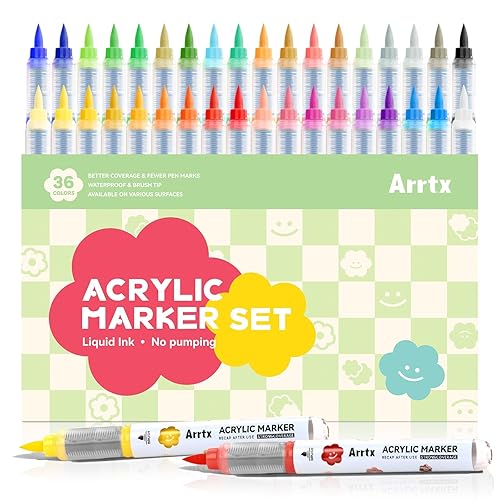 Arrtx Acrylic Markers 36 Colors,Brush Tip Acrylic Paint Markers Paint Pens Set for Rock Painting Glass Stone Wood - 36 Colors Brush Tip Acrylic Markers