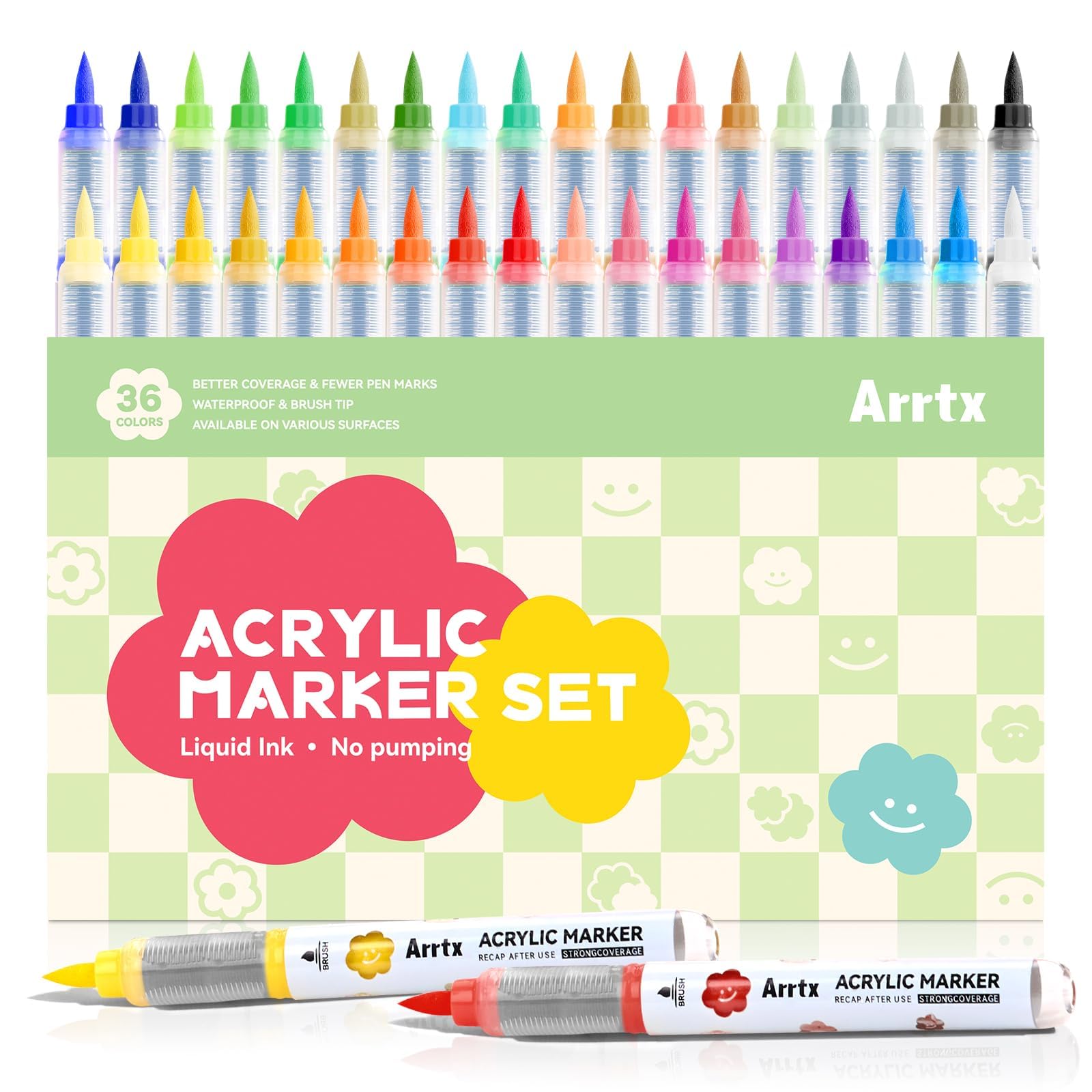 Arrtx Marcadores acrílicos de 36 colores, punta de pincel, marcadores de pintura acrílica, juego de bolígrafos de pintura para pintura de roca, vidrio, piedra, madera