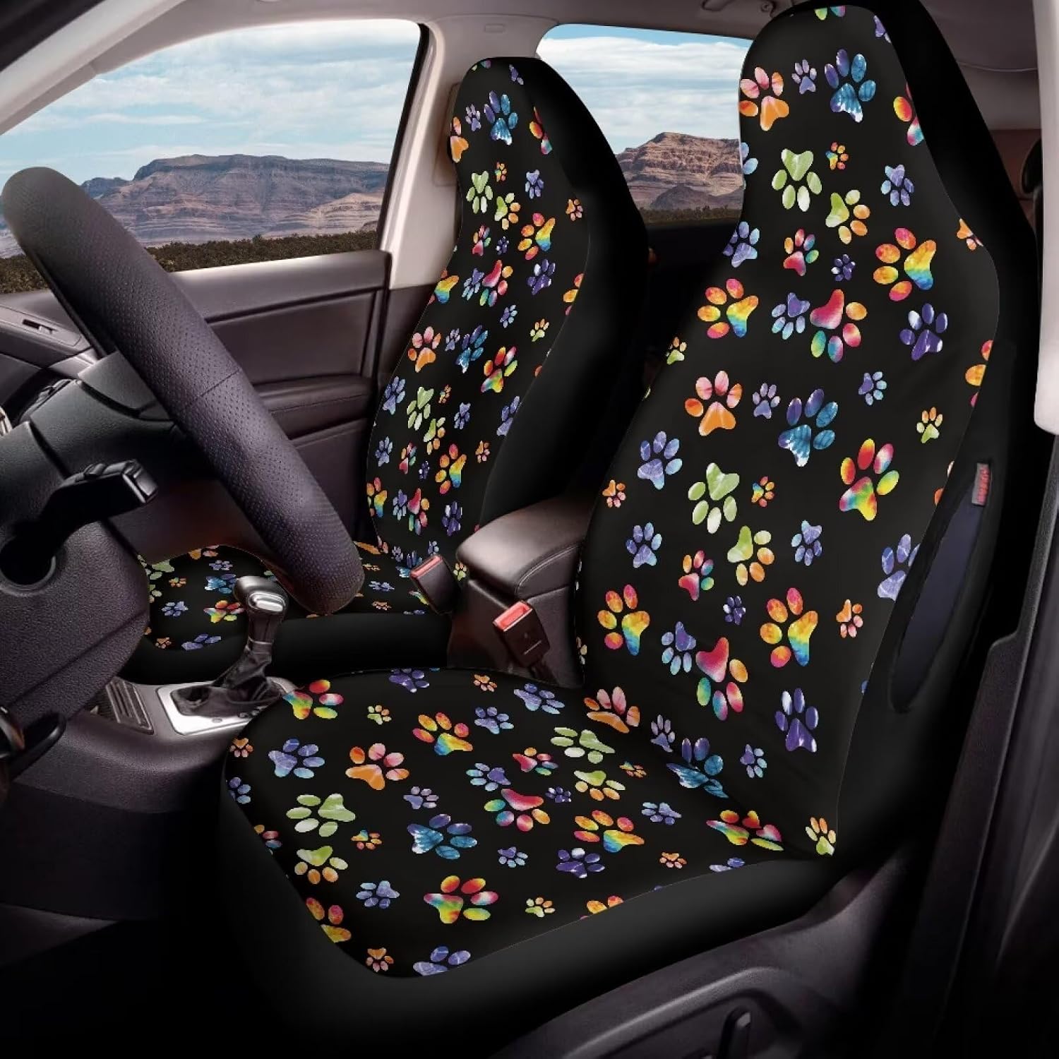 Dog Paw Printed 2 Pack Car Seat Covers, Waterproof Car Front Seat Protectors, Auto Seat Cover Compatible with Airbag, Universal Fits Car Accessories