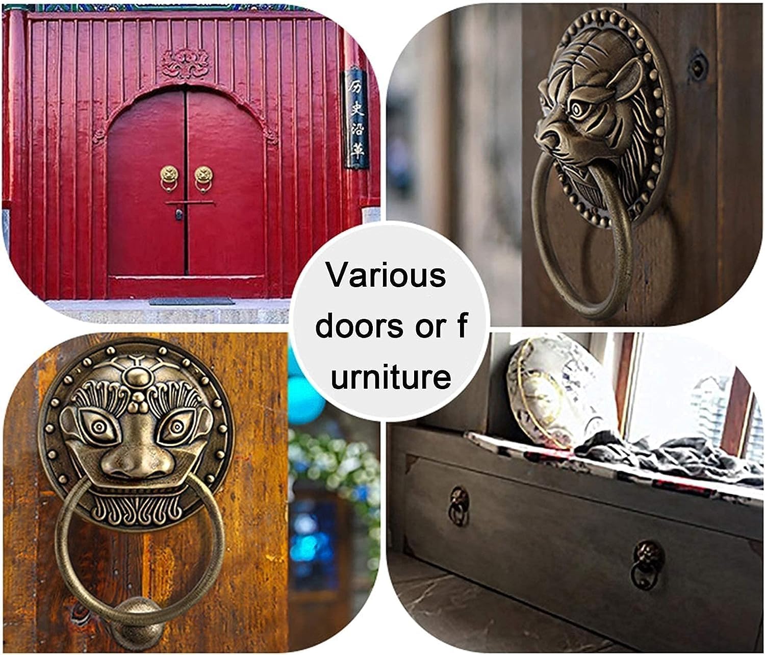 Round Brass Lion Door Knocker Chinese Style Brass Door Knocker Brown Gate Knockers Vintage Beast Handle for Door Fence Cupboard Pull Ring