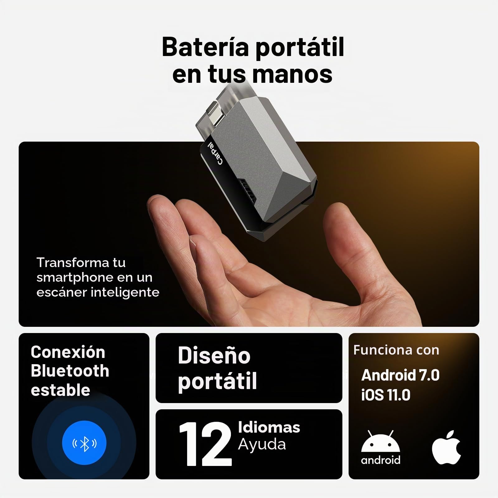 TOPDON Carpal-B Herramienta de Diagnóstico OBD2 Escáner de Coche para Todos los Vehículos, Lector OBD2 Bluetooth, Todos los Sistemas, 6 Servicios de Reinicio, AutoVIN, Comprobación de Emisiones
