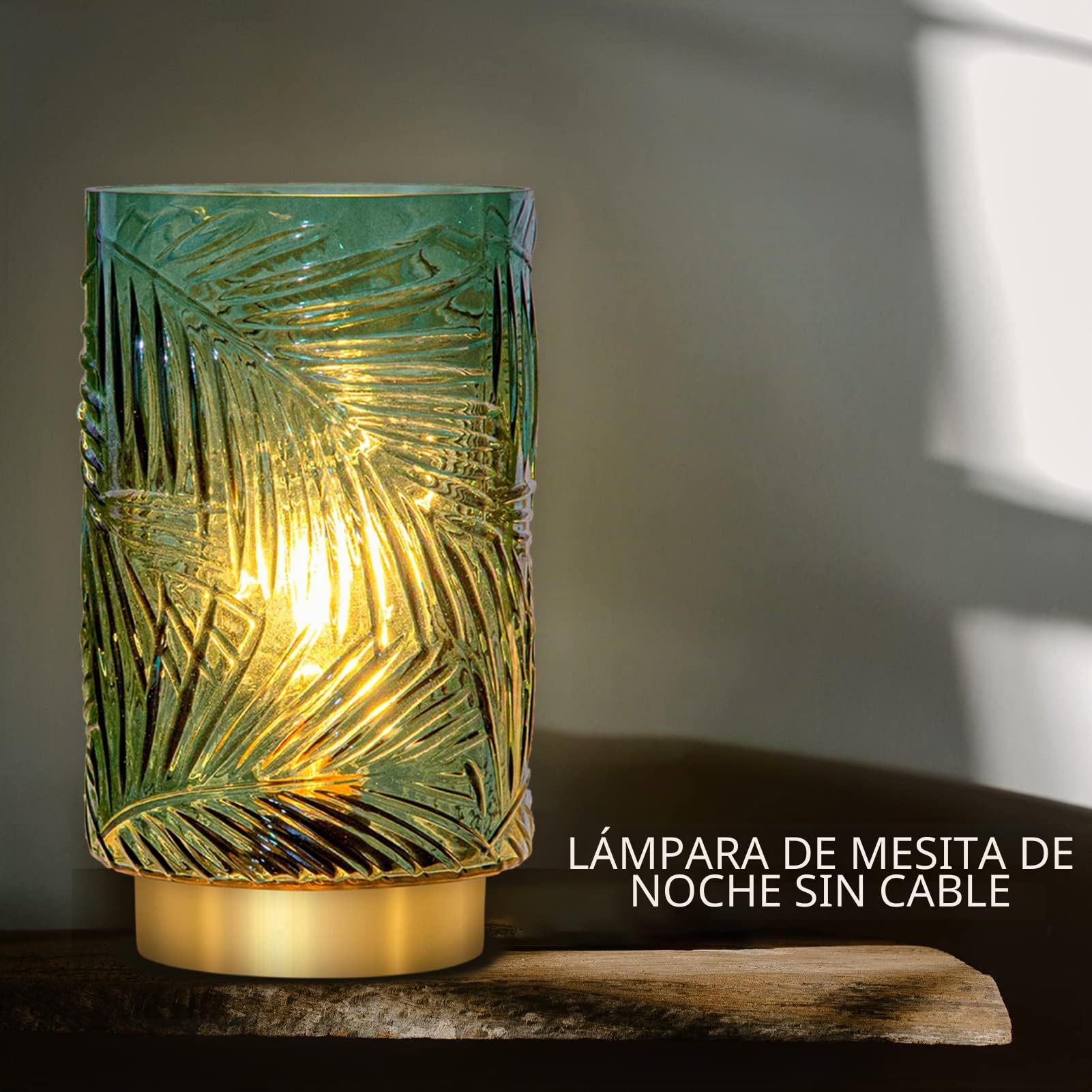 MJ PREMIER Lámpara de mesa inalámbrica, lámpara de mesa móvil de cristal con función de temporizador, lámpara de cristal sin cable para dormitorio, sala de estar (L-verde)