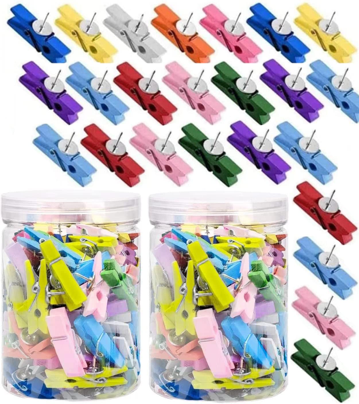 Photo 1 of YSAFAI 200pcs Push Pins with Colorful Wooden Clips , Cork Board Decorative Paper Clips, Clothes Pins, Photo Decorative Clips Craft and Wall Decorv