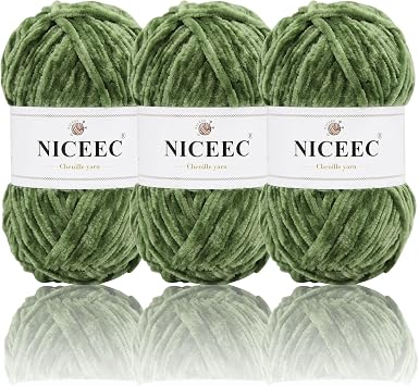 NICEEC 3 Skeins Soft Chenille Yarn 3 x85m 3X 93yds, 3X 50g_Army Green