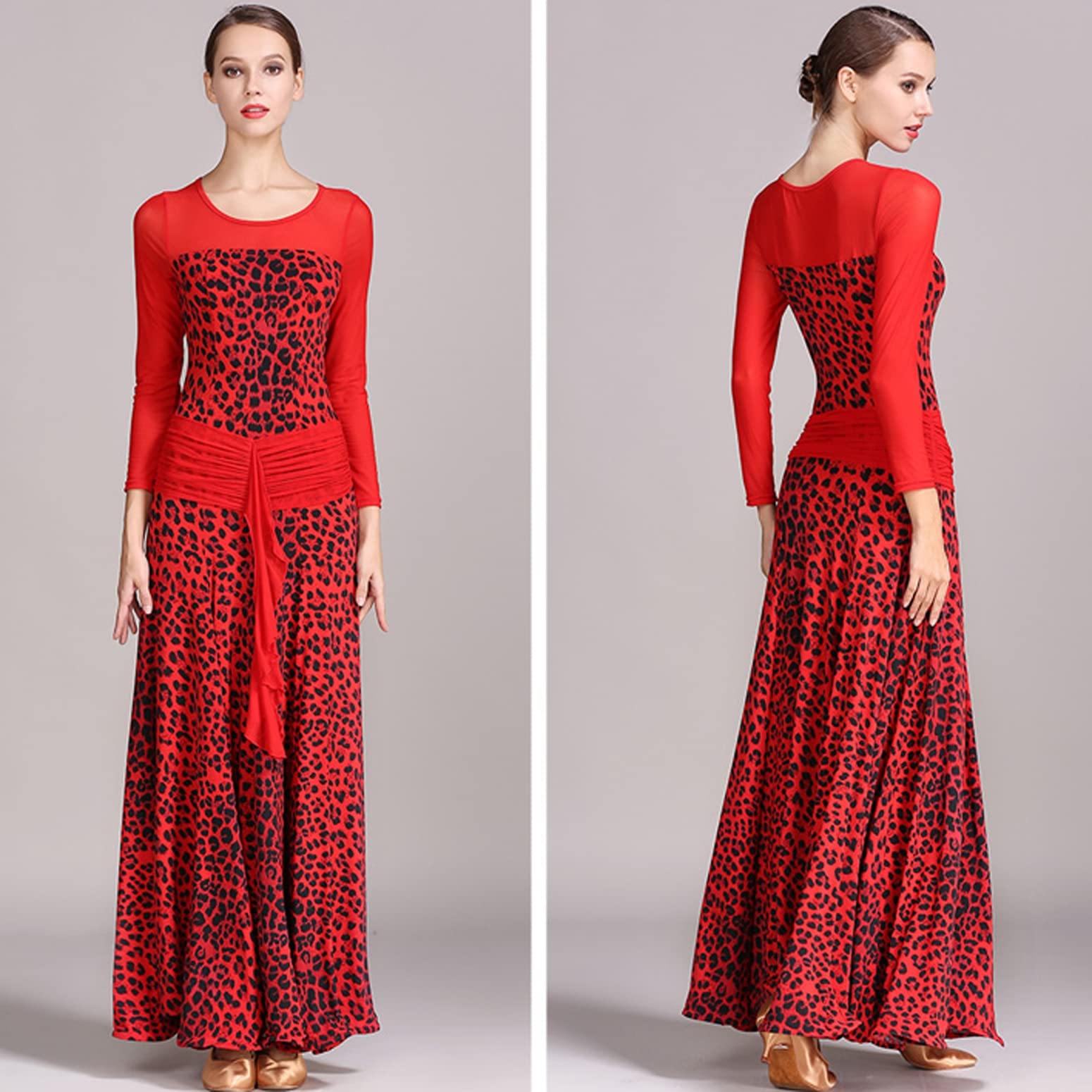 Disfraces De Actuación De Vals Estampados para Mujer Vestidos Entrenamiento Baile Flamenco Malla Manga Larga Ropa De Baile Plisada Tango Foxtrot De Cuello Redondo