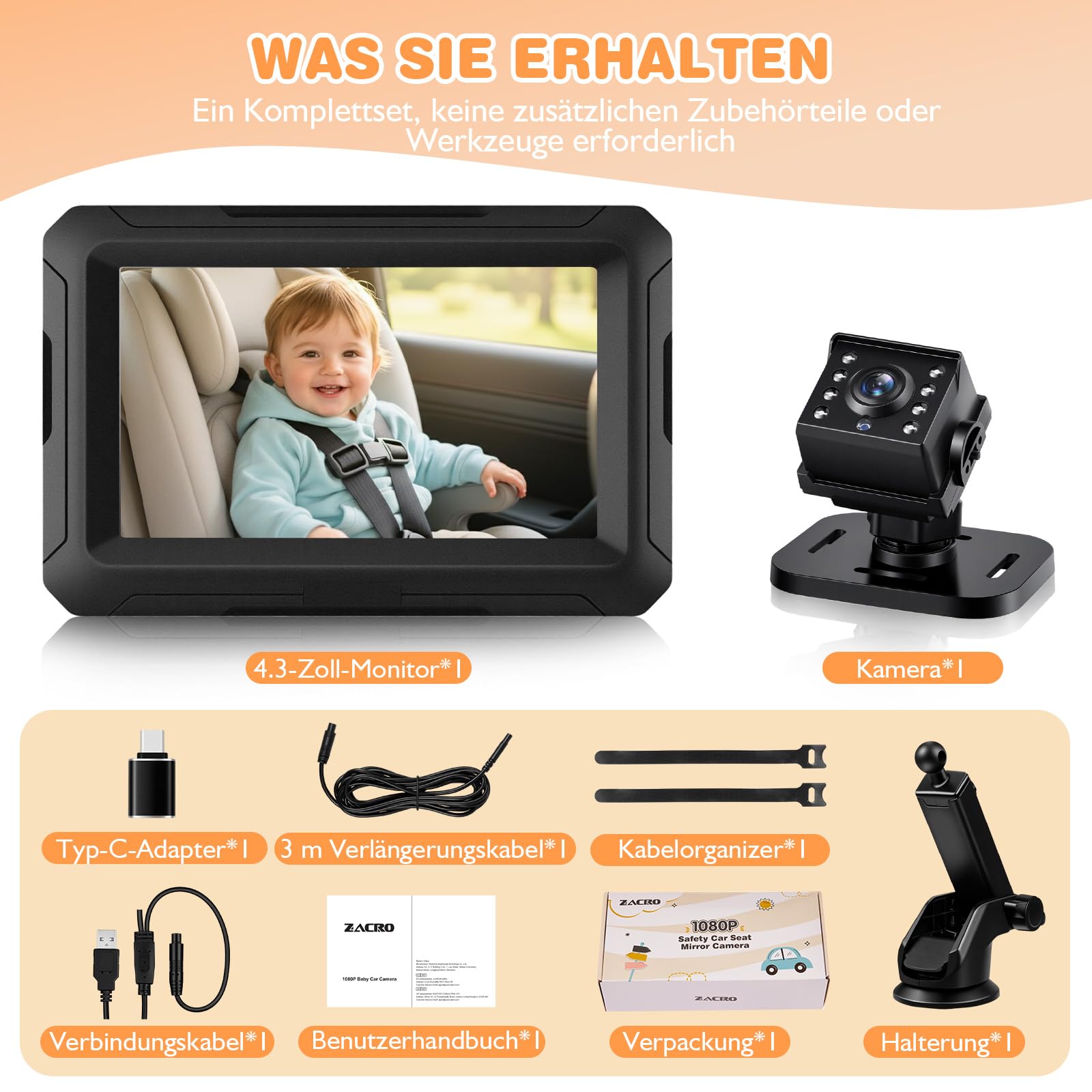 Zacro Baby Kamera Auto, Spiegel Auto Baby Rückbank 1080P, USB-C Plug-and-Play, Baby Autospiege mit HD Nachtsicht und 150° Betrachtungswinkel, Auto Rücksitzspiegel, Babyspiegel Rückansicht Monitor