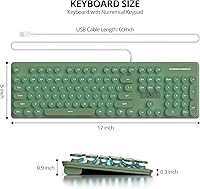 Vista 6 de surmen Cute Quiet Keyboard Green Wired Typewriter Keyboard, Light Up Backlit PC Keyboards with Retro Round Keys Full Size 104 Keys for Office