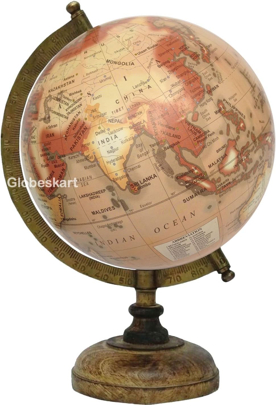 Samyuktha Educational/Antique Globe with Brass Antique arc and Wooden Base/World Globe/Home Decor/Office Decor/Gift Item / 8 inches (Peach Multi Color)