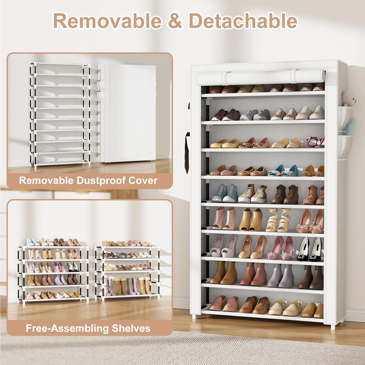 Shoe Rack with Cover Narrow Shoe Organizer with Pockets 10 Tier Tall Shoe Storage Holds 36-41 Pairs Shoes and Boots Shoe Rack for Closet Entryway Garage, White