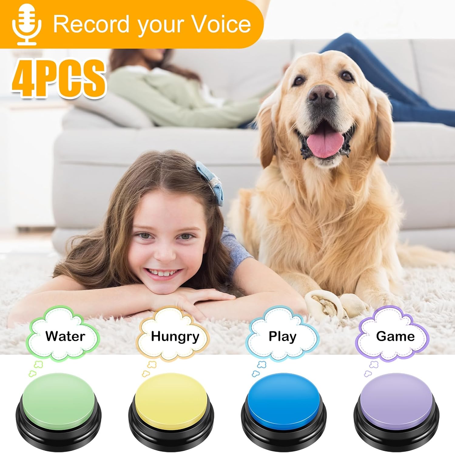 4 Pcs Voice Recording Button, Pet Communication Buttons, 20 Second Record Pet Training Buttons for Animal Office Home Game