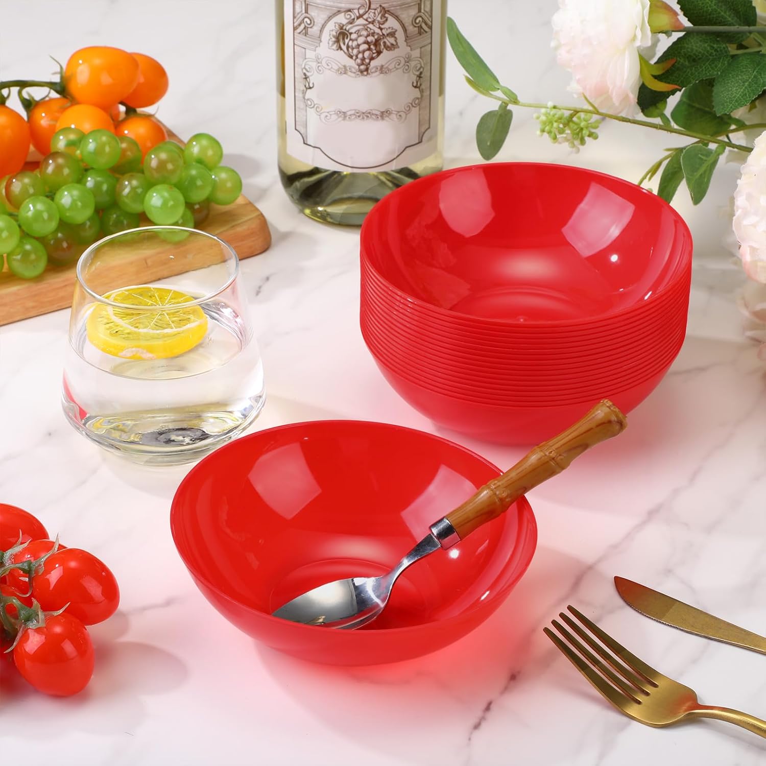Newtay 50 Pcs 12 oz Red Plastic Bowls Bulk Disposable Plastic Party Bowls Dessert Serving Tableware Plates Birthday Party Supplies for 4th of July BBQ Picnic Chips Salad Ice Cream Candy Weddings