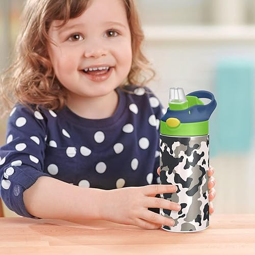 Miniatura 7 de Botella de agua para niños con estampado de vaca blanca y negra, botellas de agua aisladas de acero inoxidable con tapa con pajilla, 12 onzas, sin