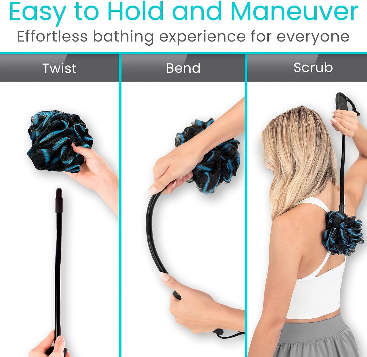 Vive Bendable Loofah on a Stick with Long Handle - Body Exfoliator Luffa