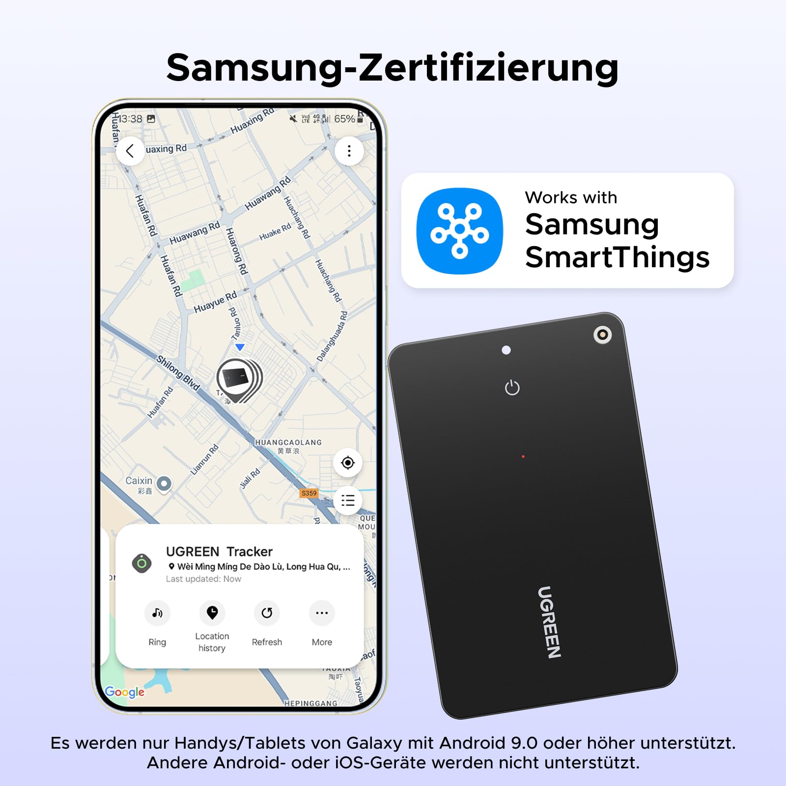 UGREEN FineTrack Slim S Kompatibel mit Samsung SmartThings, Rückwärtssuche des Handys, 7 Tage Verlaufsverfolgung, wiederaufladbarer Walletfinder, IP68 Wasserdicht, Bluetooth Tracker für Galaxy Handy