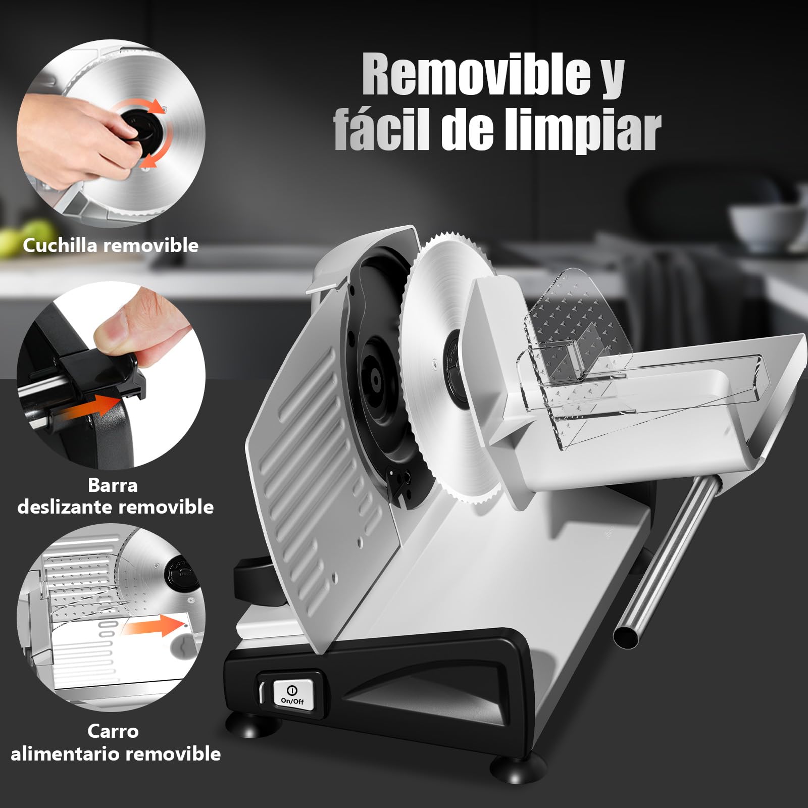 YASHE Cortadora De Fiambre Con Motor DC Silencioso, Cortafiambres Eléctrico Para Jamón 200W, Cuchillas De Acero Inoxidable Duales De 19CM, Grosor Ajustable De 0-15mm Para Carne, Queso, Pan Y Verduras
