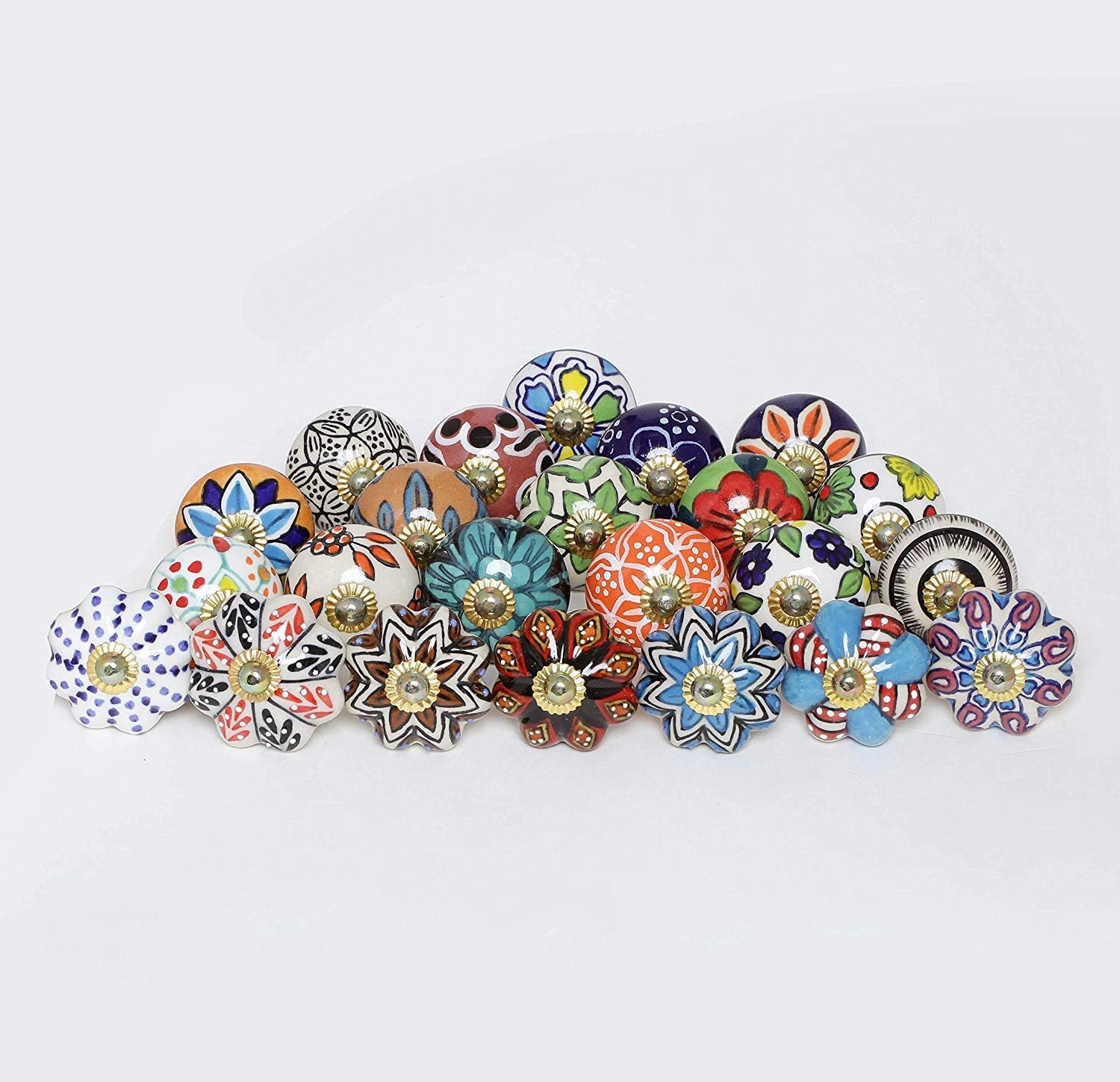 FOLK CRAFT Drawer Knobs - Pack of 12 - Indian Countryside Colorful Assorted Ceramic Drawer Pull Handle Kitchen Cabinet Cupboard Wardrobe Knob Boho Room Interior Decor - Multicolor