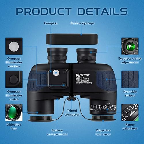 Miniatura 6 de Binoculares militares marinos a prueba de niebla, binoculares Hooway de 7 x 50 pulgadas con telémetro interno y brújula para navegación, navegación,