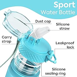 OLDLEY Kids Water Bottle with Straw 15 oz BPA-Free Leak-Proof Motivational Water Bottles with Time Marker for School Sports Travel Gym, Easy to Use for Girls Goys, 1 Straw Lid, Blue Purple