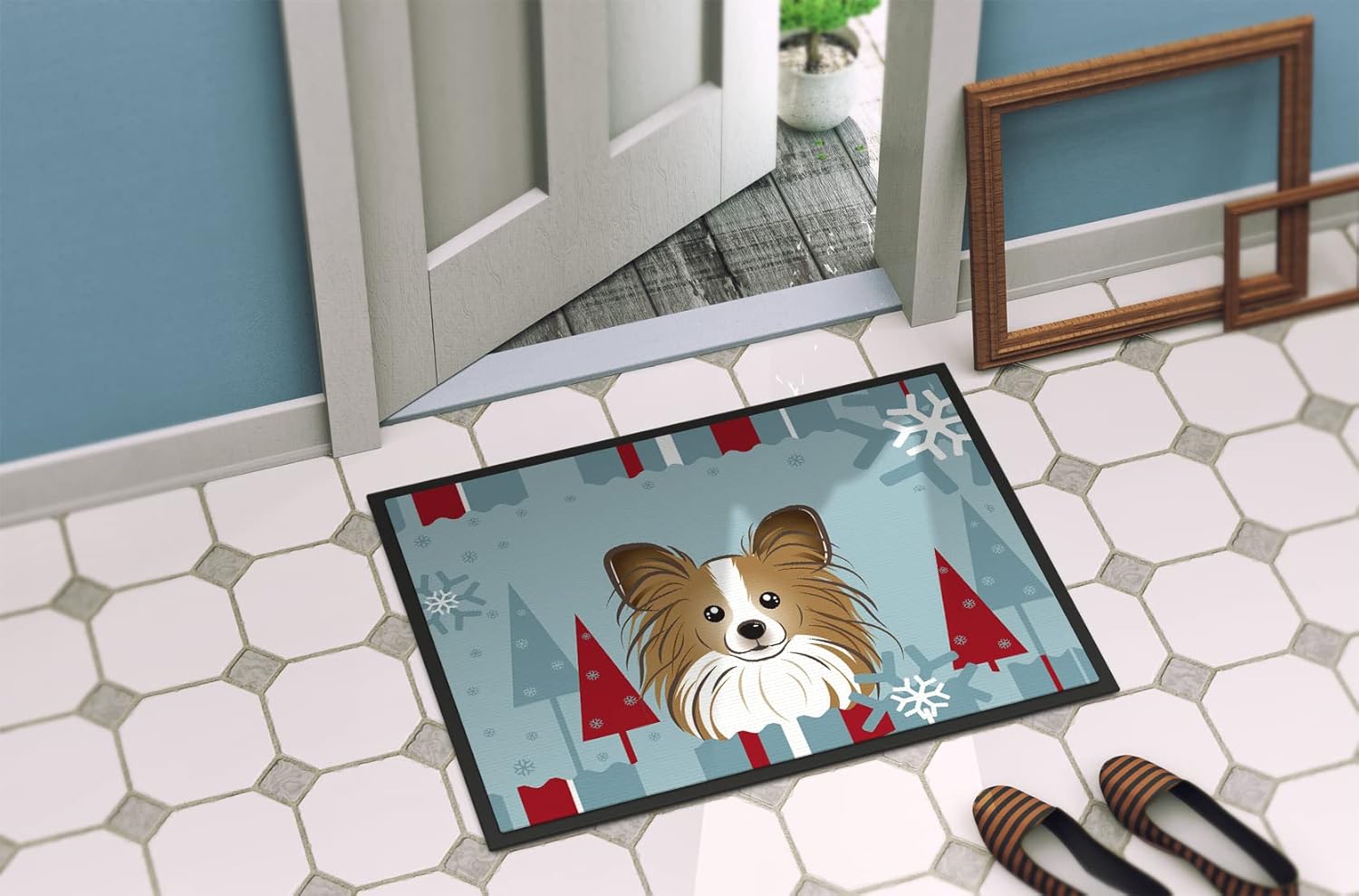 Caroline's Treasures BB1744MAT Winter Holiday Papillon Doormat 18x27 Front Door Mat Indoor Outdoor Rugs for Entryway, Non Slip Washable Low Pile, 18H X 27W