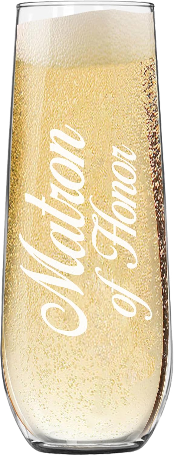 My Personal Memories Engraved 8.5 oz Stemless Champagne Flute Glasses for Weddings, Bachelorette, Bachelor, Reception, Parties (Matron of Honor)