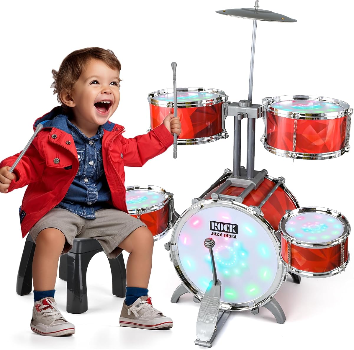 Drum Set for Kids 3-5, Musical Toy with Lights for Toddler | Musical For Toddler Aged 3-5 5-7, Great Gift for Boys and Girls 4-6. Includes Stool and High Bracket for Comfortable Play