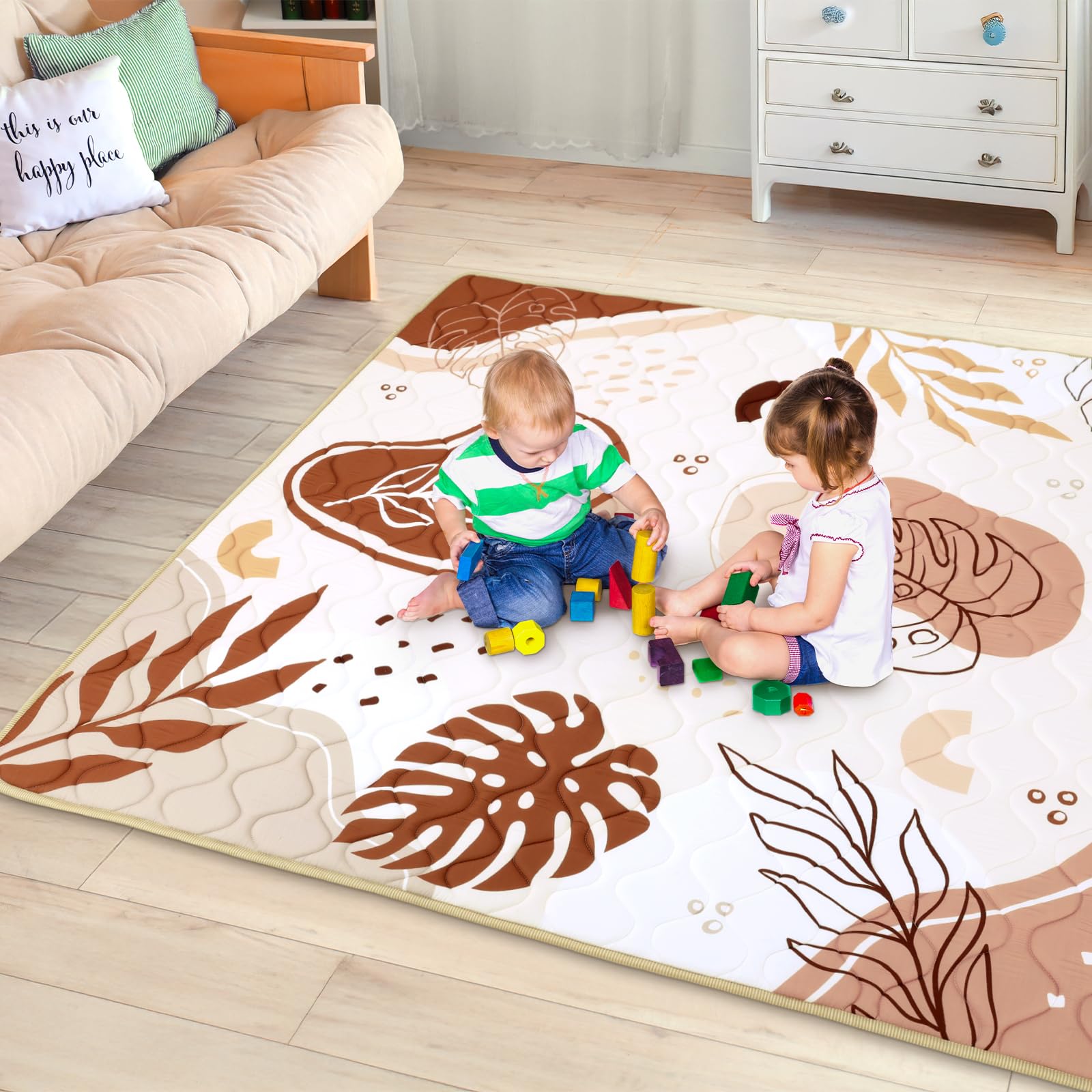 decalsweet Tappeto Gioco Bambini 150×180cm, Addensato 2cm Tappeto Gioco Neonato, Antiscivolo Pieghevole Tappeto Cameretta Bambina & Bambino, Tappeto Tummy Time Neonati (Foglie boho)