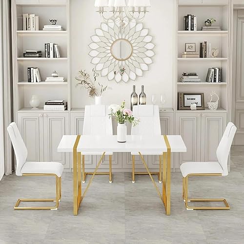 Miniatura 16 de Moderno juego de mesa de comedor para 4, juego de mesa de comedor dorado de 55 pulgadas con 4 sillas de piel sintética negra, mesa de madera negra