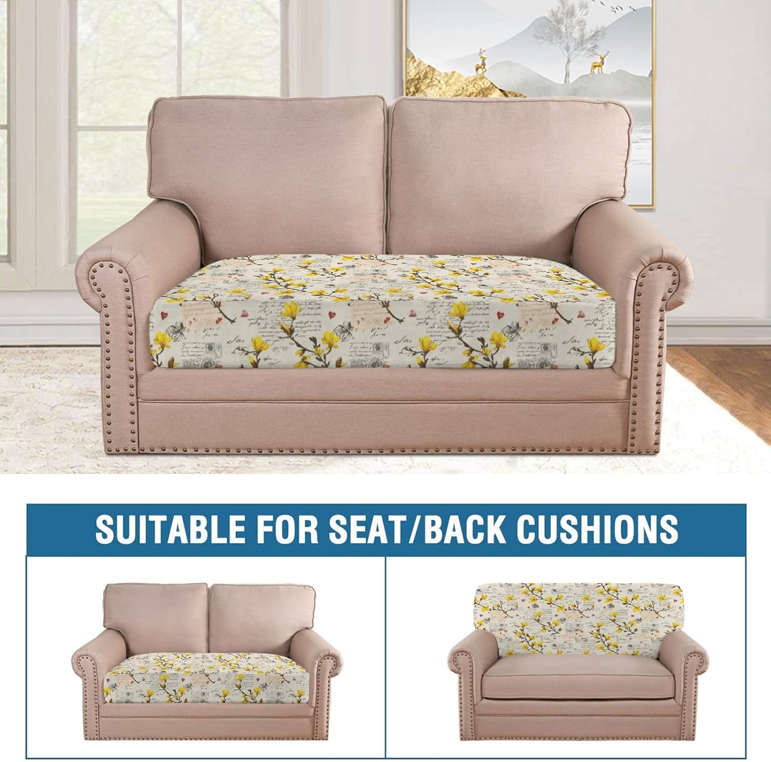 Retro Envelope Motif Yellow Loveseat Covers Couch Covers for 2 Cushion Couch, 2-Piece Stretch Sofa Slipcovers Anti-Slip Washable Furniture Protectors for Dogs Pets