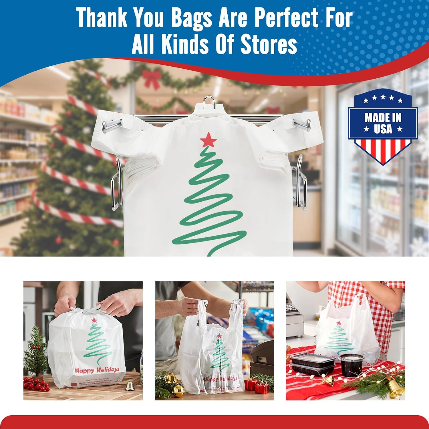  1000 Count - Happy Holiday Plastic T-shirt Bags with Handles (11.5" x 6.5" x 21"), Grocery, Take Out, To Go, Retail Shopping Bags in Bulk for Small Business thumbnail