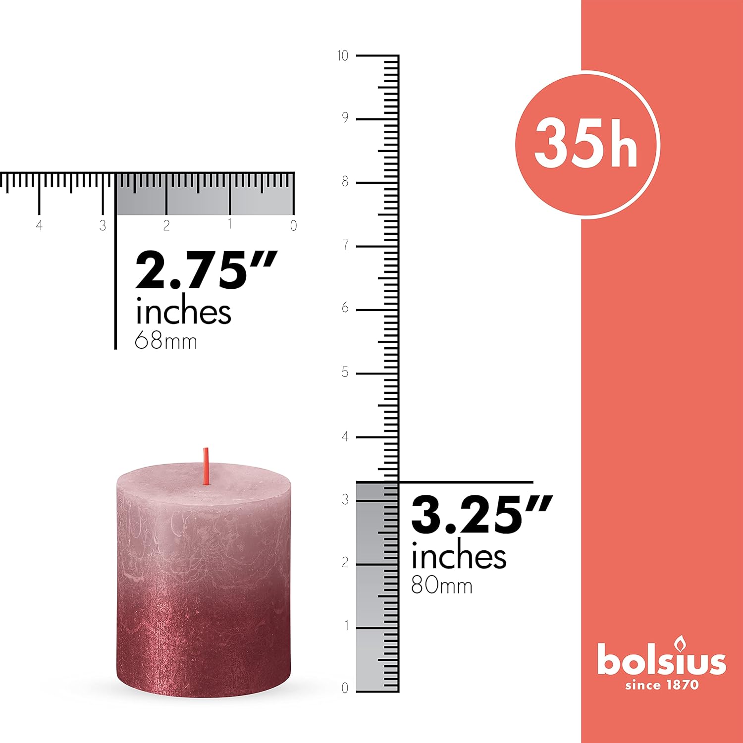 BOLSIUS 4 Pack Ash Rose/Red Sunset Rustic Metallic Pillar Candles - 2.75 X 3.25 Inches - Fine European Quality - Natural Eco-Friendly Plant-Based Wax - Unscented Dripless Smokeless 35 Hour Candles : Home & Kitchen