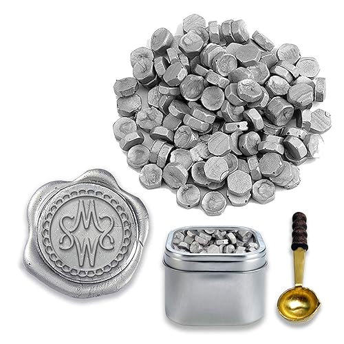 Cuentas de cera de sellado prémium de 2 onzas en lata con cuchara de fusión, plata