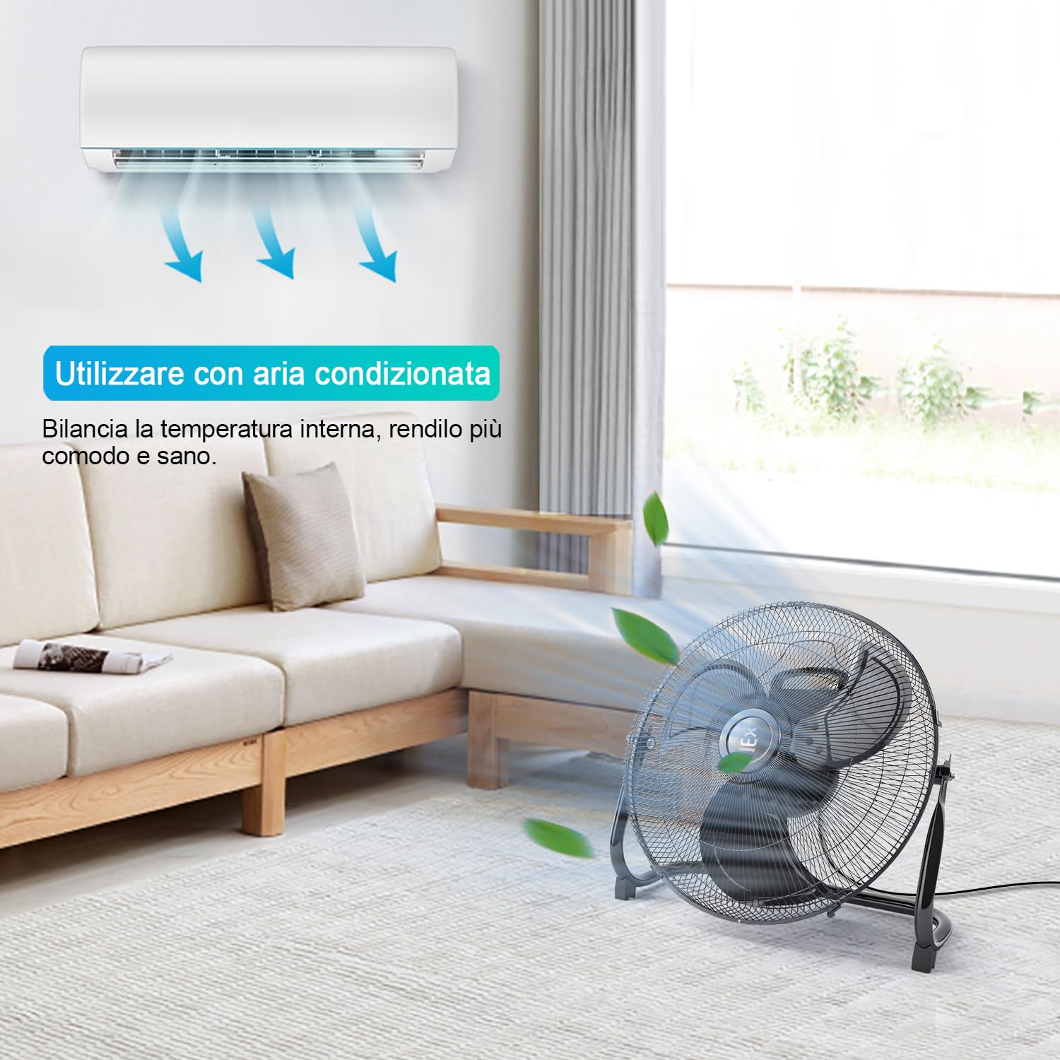 EXTRASTAR Ventilatore a Colonna Industriale da 50cm con Oscillazione Automatica 360° & 3 Velocità, 80W/1300 giri/min, Altezza Regolabile (101-130 cm), Nero