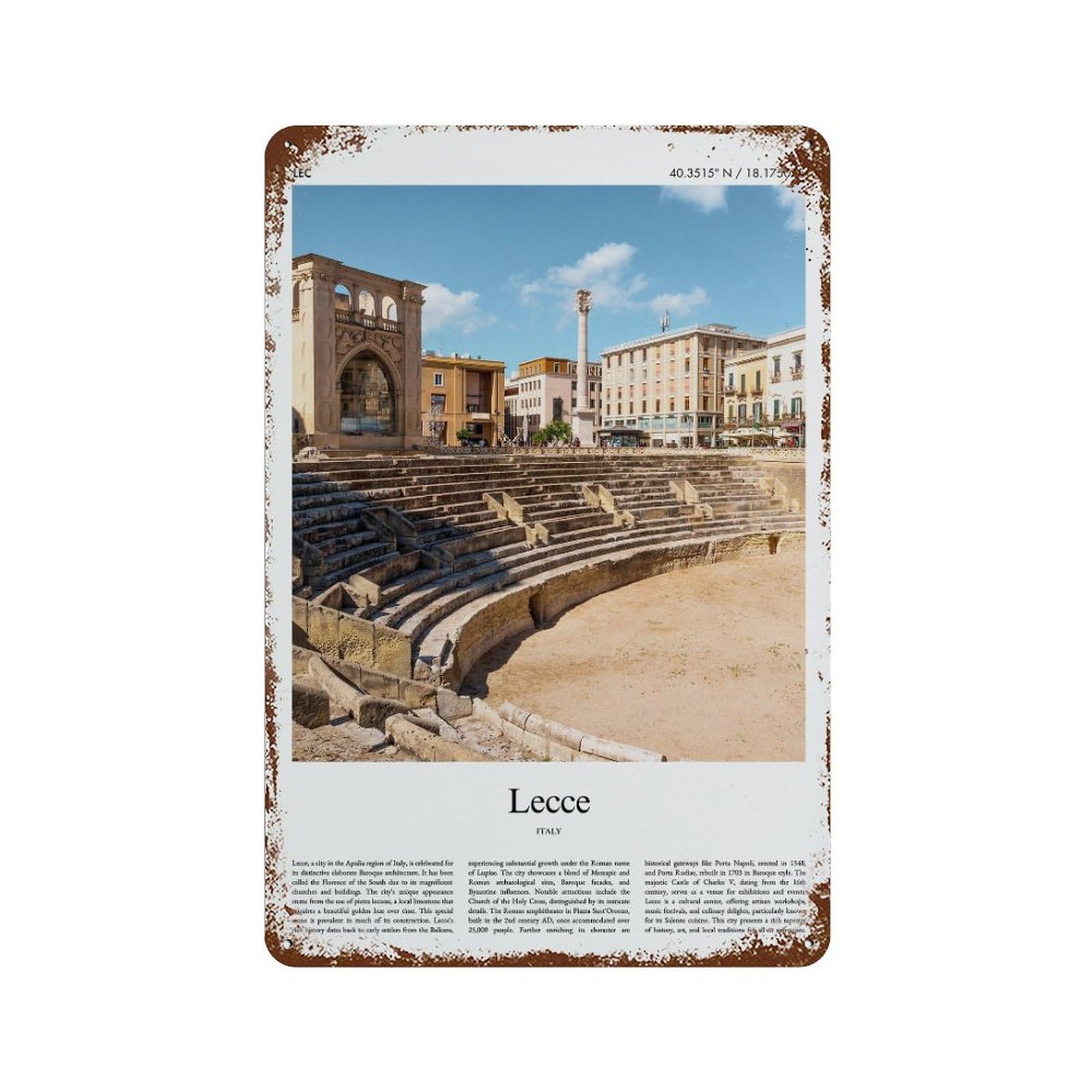 xiaoxiaoshen Lecce Italy City Scenery Wall Decor Art Metal Tin Poster Modern Home Decor Art Home Bar Shop Decorations Vintage Sign 30x20cm