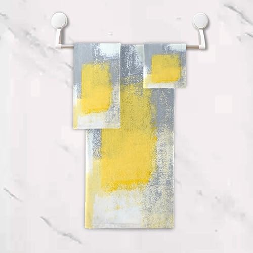Miniatura 5 de ALAZA Juego de 3 toallas de baño con pintura de arte abstracto gris y amarillo, 1 toalla de baño, 1 toalla de mano, 1 paño suave, multiusos para