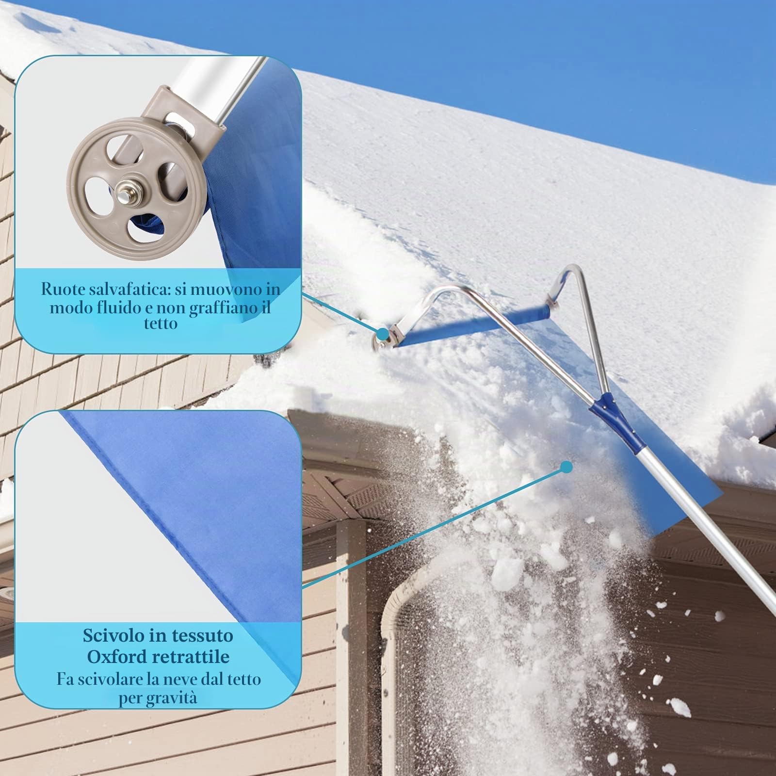 Todeco Pala Neve Telescopica Manico Regolabile 170-650cm | Rimozione tetto inverno, manico telescopico alluminio, tela Oxford 450 * 42cm impermeabile resistente, pulizia esterna neve