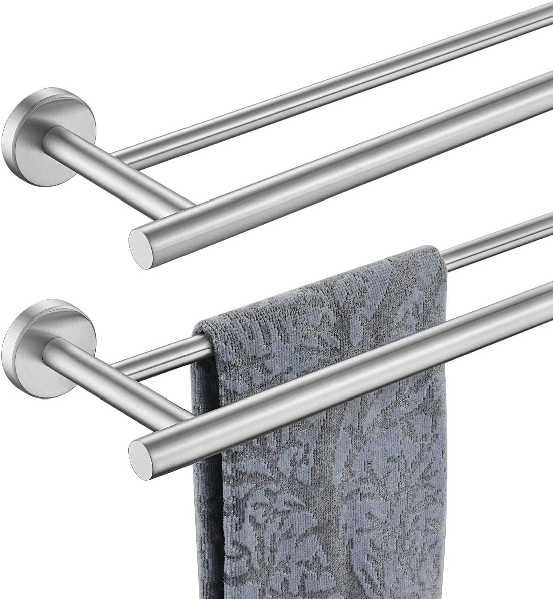 JQK Double Towel Bar 27 Inch, Brushed Steel Useable Length 24 Inch 304 Stainless Steel Thicken 0.8mm Bath Towel Rack for Bathroom, Towel Holder Wall Mount 2 Pack, TB100L24-BN-P2