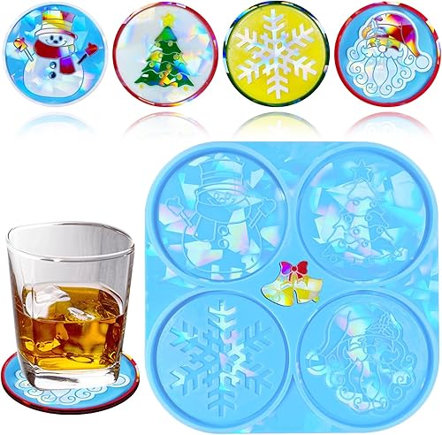 DoreenBow Moldes de posavasos de resina holográfica de Navidad, 4 moldes de silicona para posavasos de copo de nieve, Santa Claus, moldes para