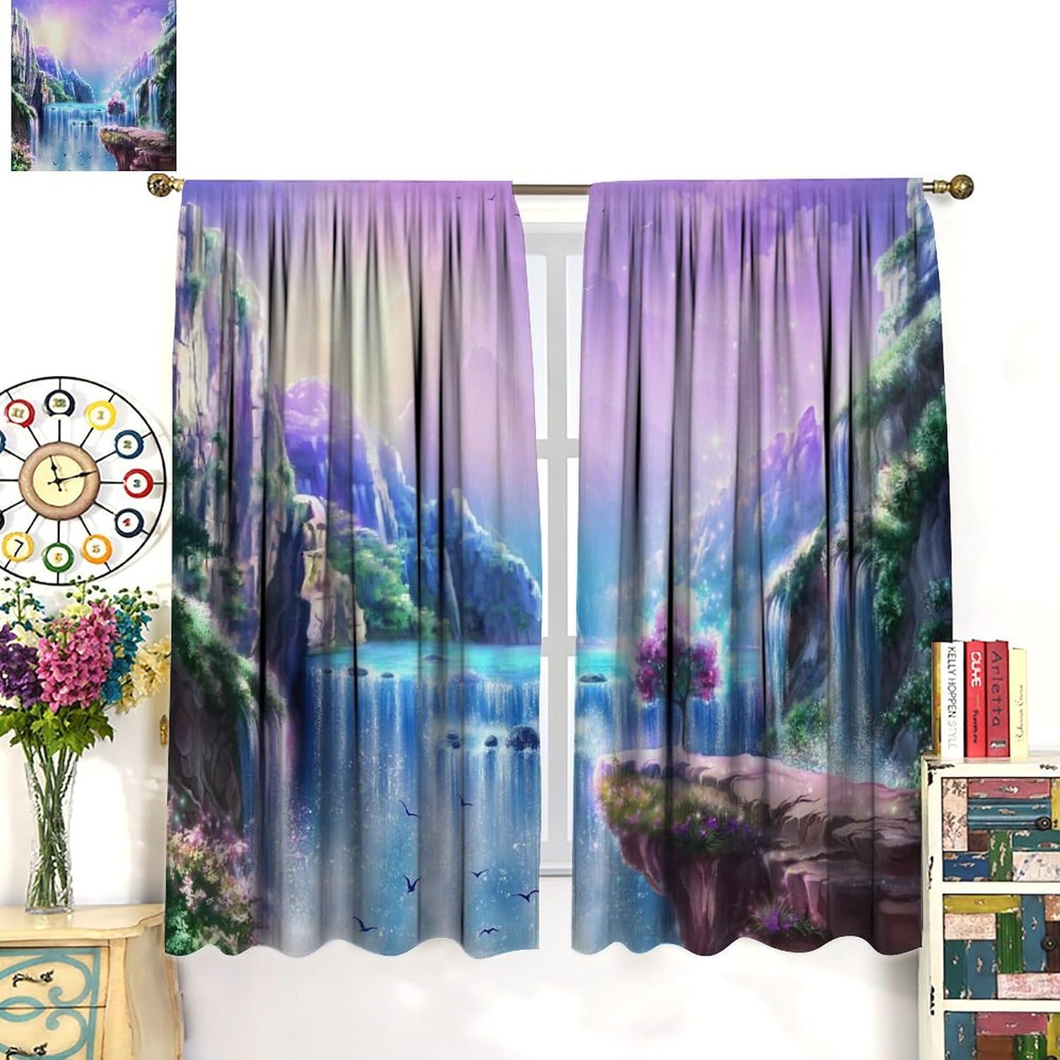 Fantasy Mountain Blackout Window Curtain Magic Fairy Tale Landscape with Waterfalls Birds and Flying for Kids Boy Girl Baby Bedroom Nursery Living Room Decor Drapes 2 Panels 42x45 Inch