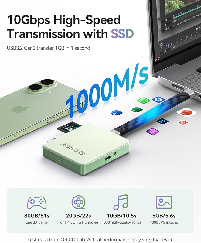 Cititor de carduri magnetic și carcasă M.2 SSD ORICO 5 în 1 pentru iPhone 15 16 17 Pro, TF, SD 3.0, NVMe 2230 2242, negru, fără SSD, USB 3.2 10Gbps, PD 100W
