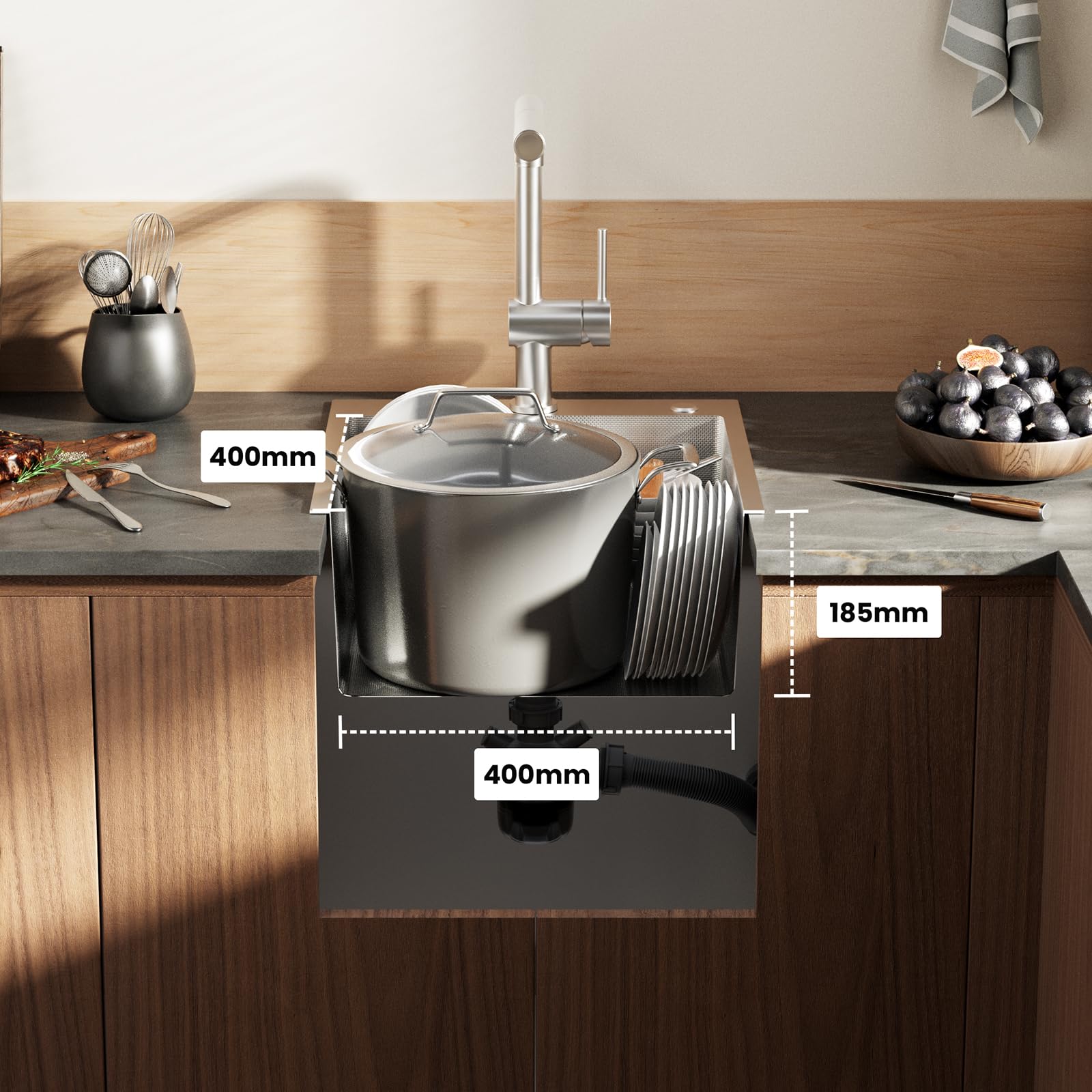 CECIPA 44x49 cm Lavello Cucina 1 Vasca in Acciaio Inox con Foro, Lavandino Cucina 1 Vasca per Mobile da 45cm, Lavello da Incasso o Banco con Sifone e Scarico
