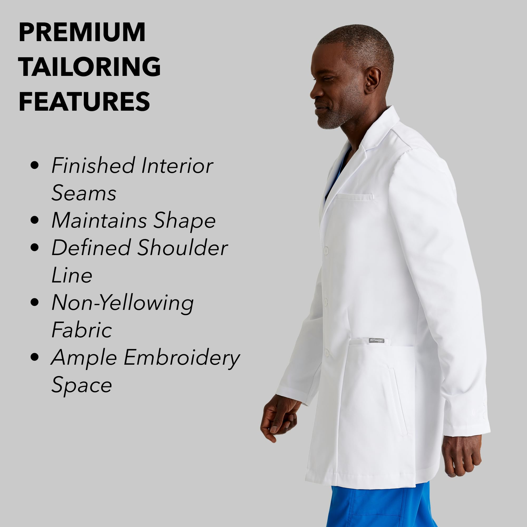 BARCO Grey's Anatomy Scrubs - Derek - Bata de laboratorio profesional de manga larga de 3 botones de longitud completa de 35 a 39 pulgadas, Blanco, 38 Regular