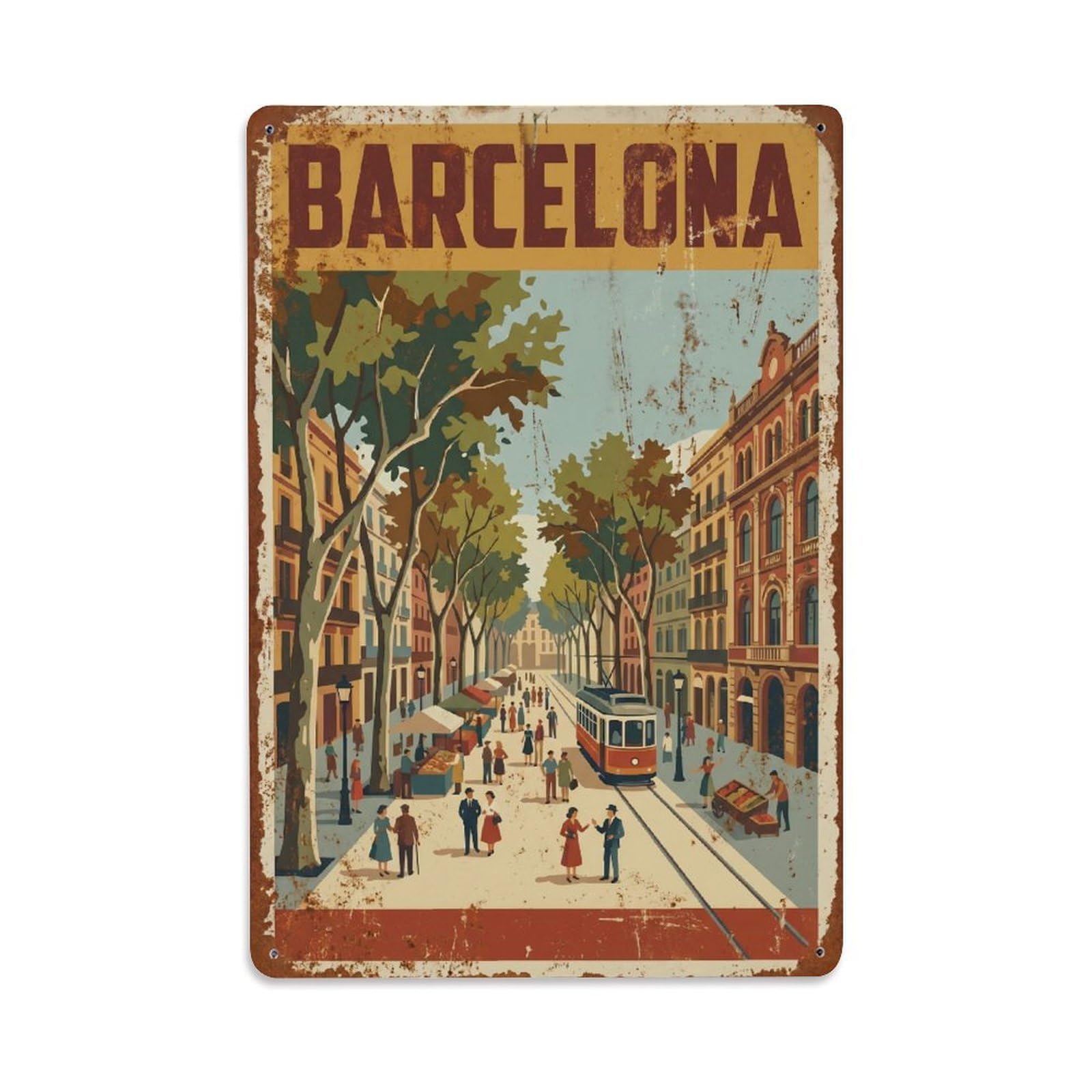 Okngb Style Boulevard Classic Urban Barcelona Spain Travel Tourism Metal Tin Sign Plaque Wall Decor For Cafe, Man Cave, Club Bar, Office, Home Garden Round Metal Poster 8X12inch