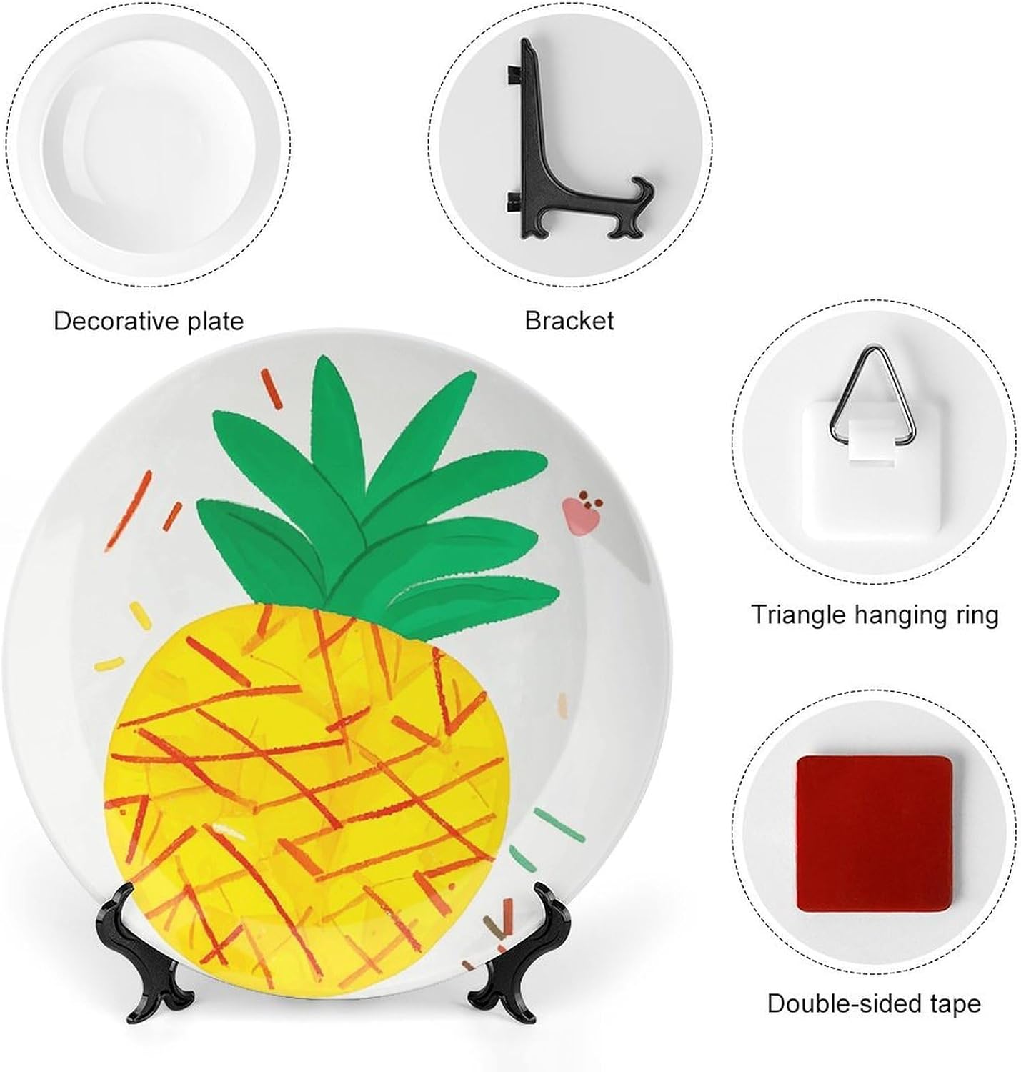 Cute Pineapple Ceramic Decorative Plate for Home, Bone China Plates | Chinese Style Decorative Dish with Stand, Dinner Plates Art Crafts for Wall Decor, Collections Plate with Hook 6inch