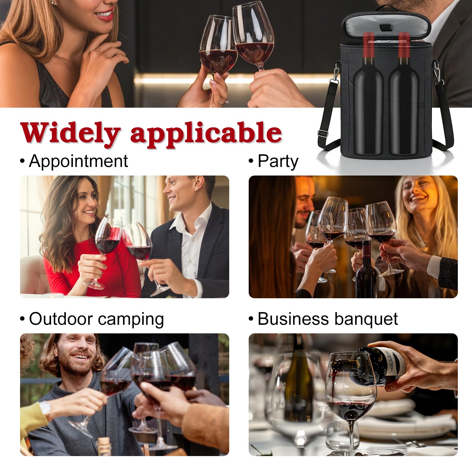 Borsa termica per 2 bottiglie, borsa termica termica per bottiglie d'acqua, borsa termica per 2 bottiglie, refrigerante per bottiglie in viaggio, per picnic party BYOB Packag (nero)