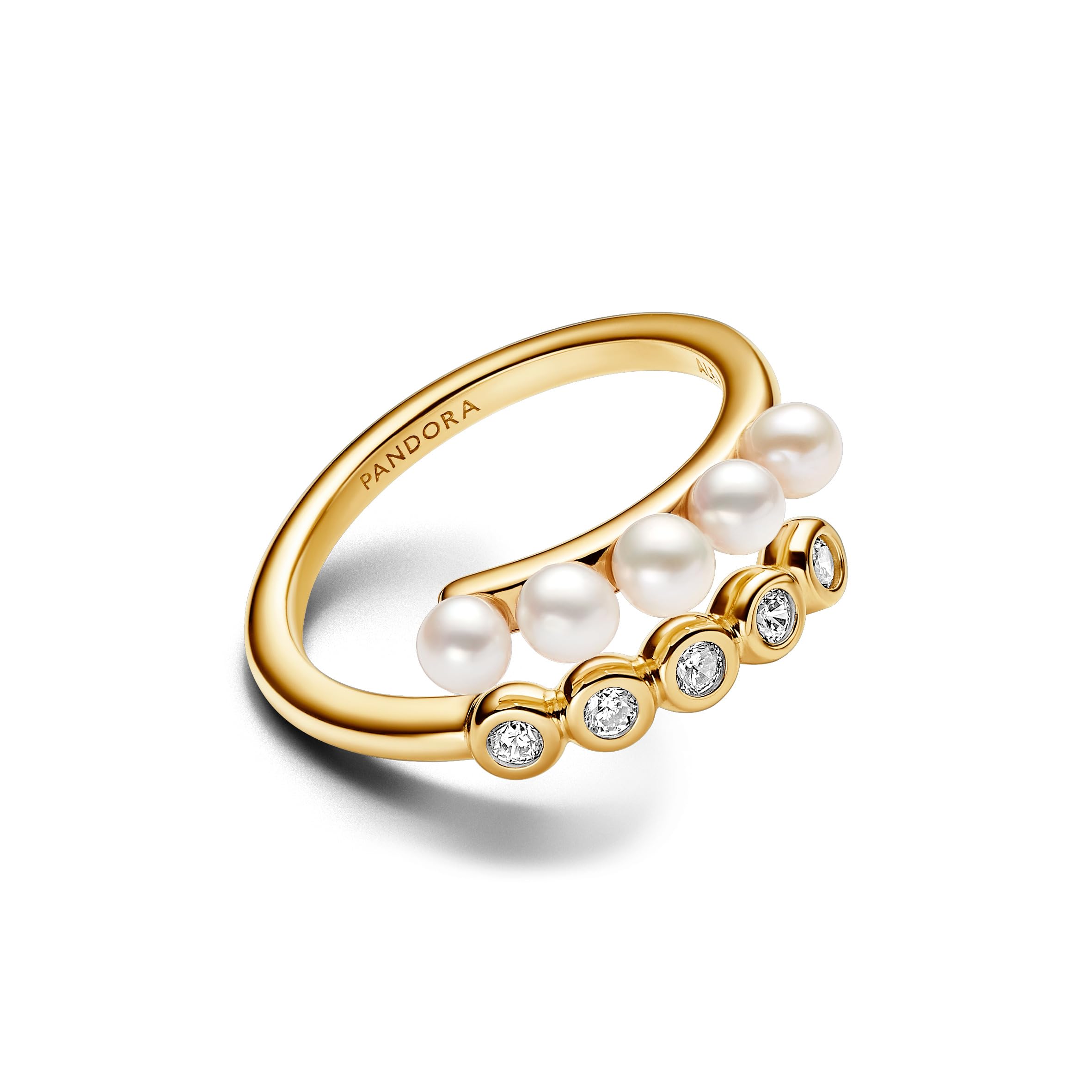 Pandora Timeless Ring, offen, 14-karätig vergoldet, mit weißer, behandelter Süßwasserzuchtperle und klarem Cubic Zirkonia